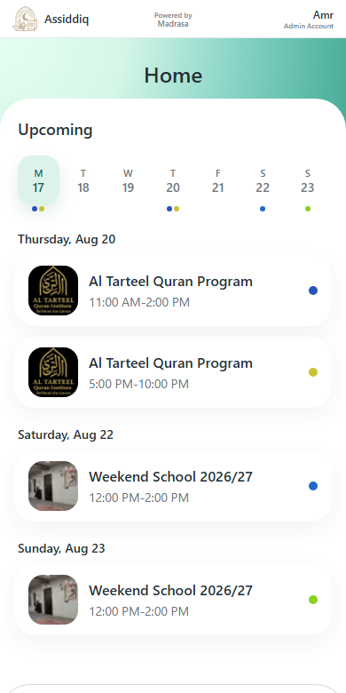 The Madrasa home screen showing upcoming classes for a masjid