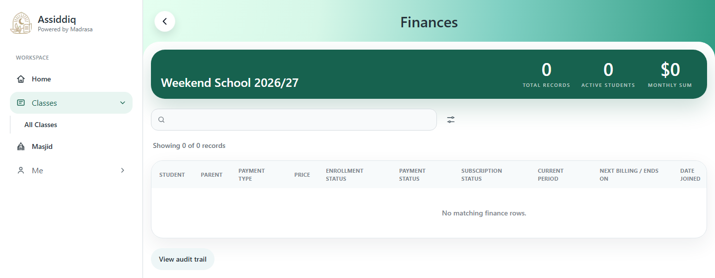 A desktop view of the finances table for a masjid program