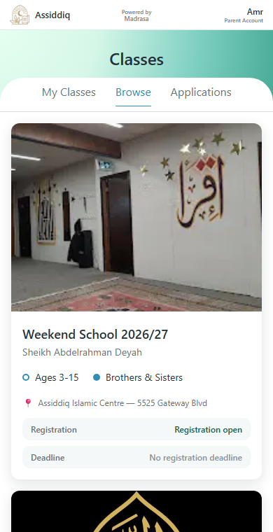 Browsing classes as a parent on the Assiddiq masjid app