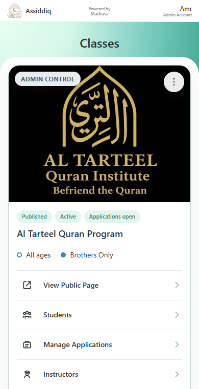 A real masjid program page with its own logo and branding